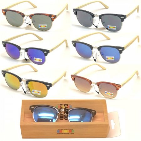 4 Style Bamboo Arm Polycarbonate Lens Sunglasses (24 Pair Packed in CDU)